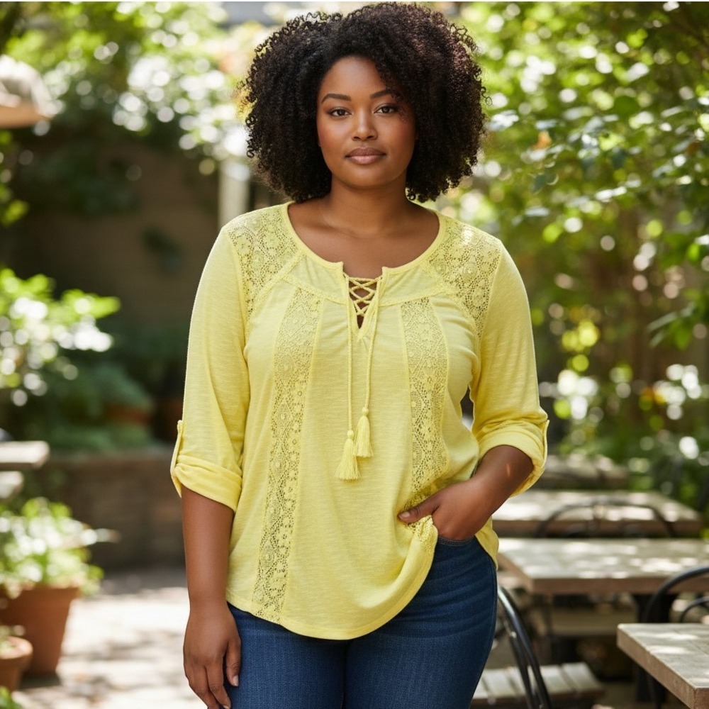 Joe Boxer Lace Up Tassel Top Women Large Yellow NEW Boho Lace Trim Slub Knit